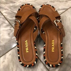 Prada brown leather sandals w woven detail